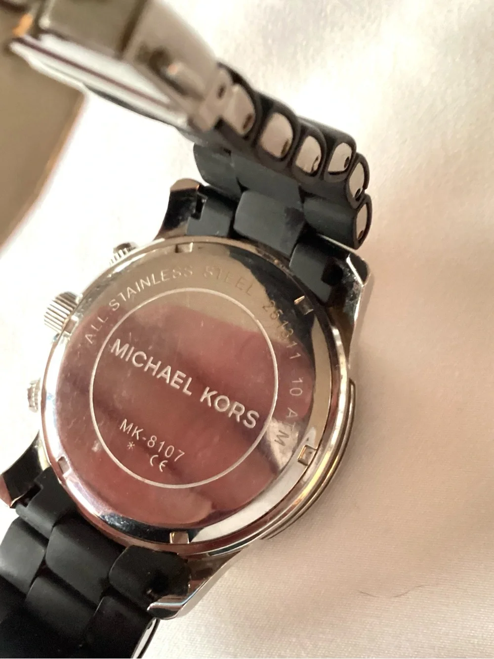 Michael Kors Black Silver Chronograph Silicone Watch New Batteries w/MK Dust Bag